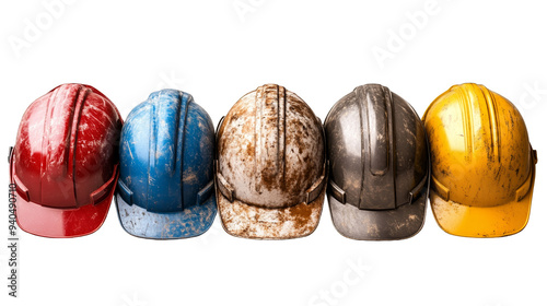 A collection of colorful construction helmets featuring red, blue, gray, black, and yellow helmets, showcasing wear and tear. photo