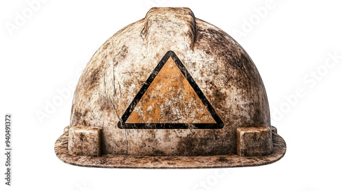 A worn and weathered construction helmet featuring a caution triangle, symbolizing safety and protection in hazardous environments. photo