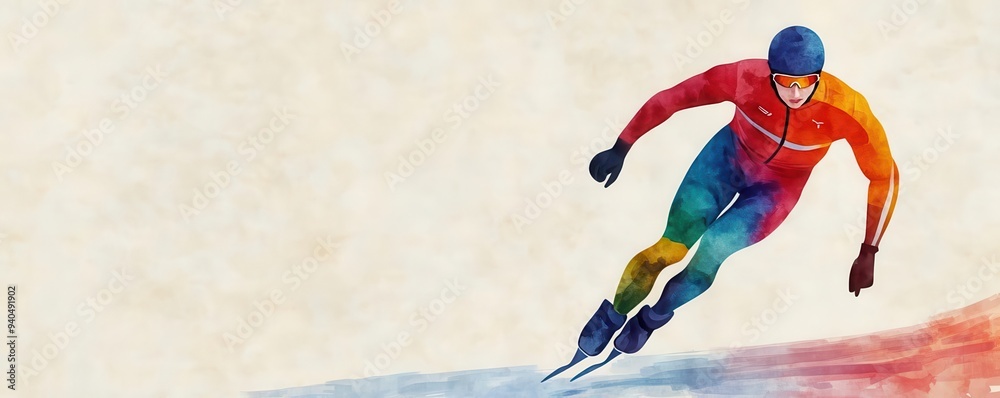 Obraz premium A dynamic watercolor of a speed skater racing, with bold colors capturing the momentum, watercolor, speed skating, sports