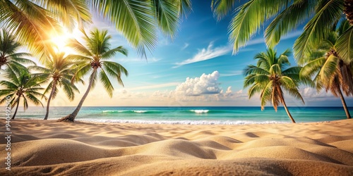 Tropical beach landscape with sandy foreground and blurred background of palm trees and ocean , summer, vacation
