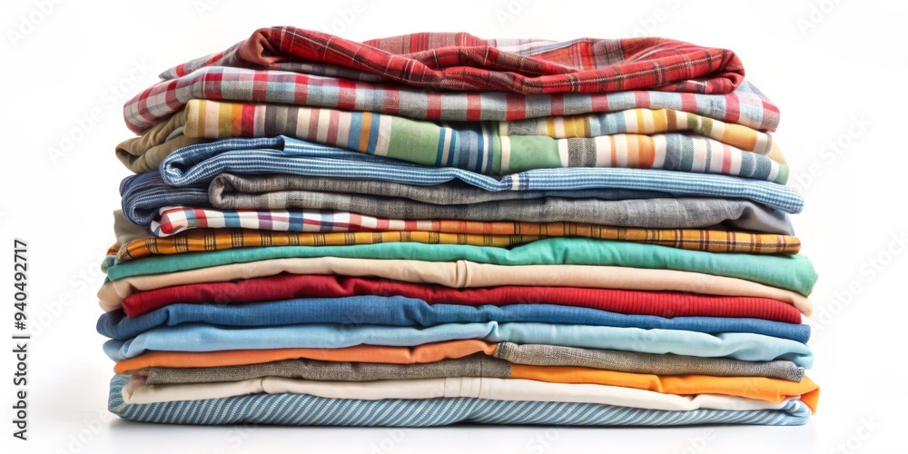 A Stack of Colorful Plaid and Striped Shirts, Folded Shirts, Clothing Stack, Laundry, Wardrobe, ,shirt A Stack of Colorful Plaid and Striped Shirts, Folded Shirts, Clothing Stack, Laundry, Wardrobe, ,shirt