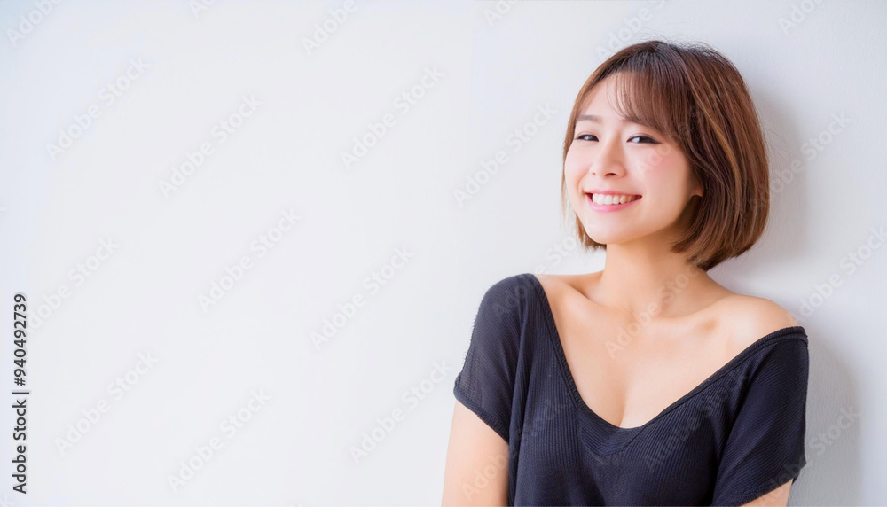 A portrait of a teenage Japanese woman with short hair, wearing black clothing, smiling against a white wall background. A portrait of a teenage Japanese woman with short hair, wearing black clothing, smiling against a white wall background.
