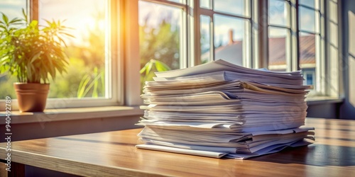 A Stack of Papers on a Table in Front of a Window, Paper, Office, Window photo