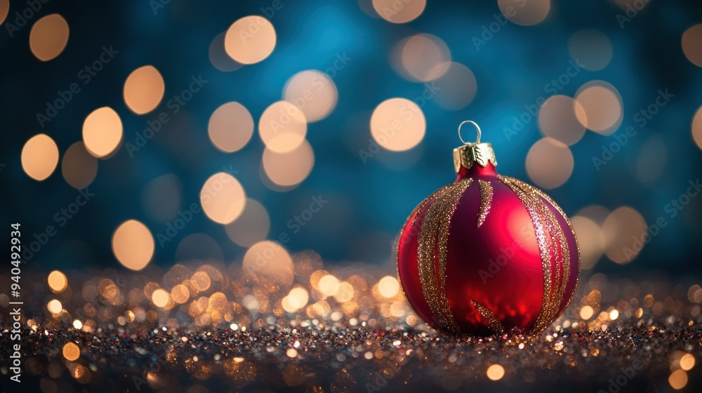 Fototapeta premium Red Christmas Ornament with Gold Glitter on a Glittery Surface