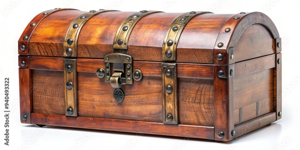 A Wooden Chest with Ornate Metal Accents, Isolated on White, Wood, Metal, Treasure Chest A Wooden Chest with Ornate Metal Accents, Isolated on White, Wood, Metal, Treasure Chest