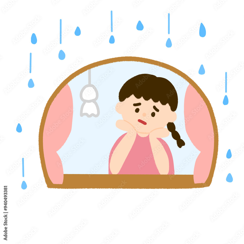 窓から外を眺めてガッカリしている女の子 窓から外を眺めてガッカリしている女の子