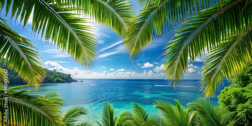 Scenic ocean view framed by lush green palm leaves, ocean, view, scenic, lush, green, palm leaves, tropical, paradise
