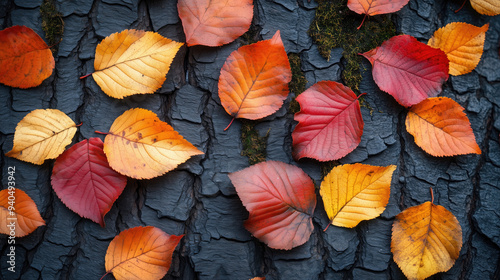 Autumn foliage creating a colorful pattern on tree bark