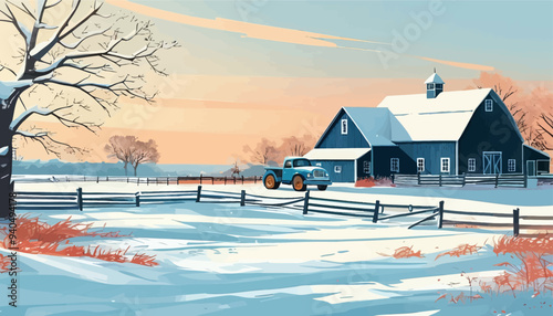 A Winter's Day at the Farm: A Blue Barn with Snow-Capped Roof and a Tractor in the Snowy Field