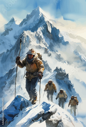 Adventurous Climbers on Snowy Mountain Peak