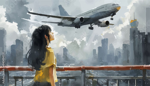 Airplane soaring over city skyline