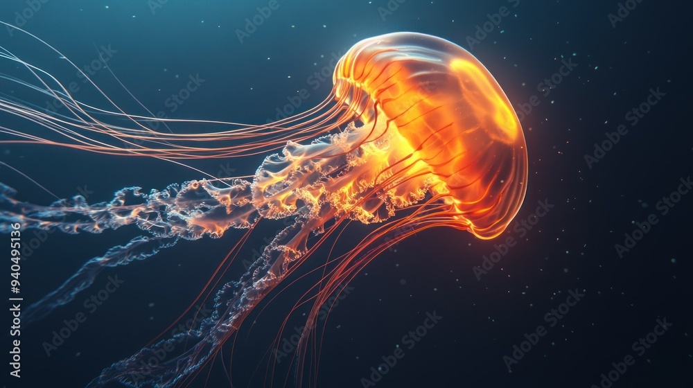 An Orange Bioluminescent Jellyfish Swimming in a Deep Blue Ocean An Orange Bioluminescent Jellyfish Swimming in a Deep Blue Ocean