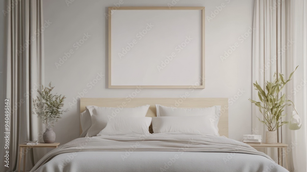 Minimalist Bedroom Interior with Empty Picture Frame and Bedside Tables Minimalist Bedroom Interior with Empty Picture Frame and Bedside Tables