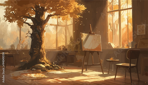 Autumnal Art Studio: Painting Setup with Easel, Chair, and Palette