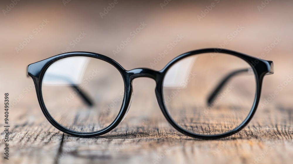 Black Round Glasses on Wooden Surface Black Round Glasses on Wooden Surface