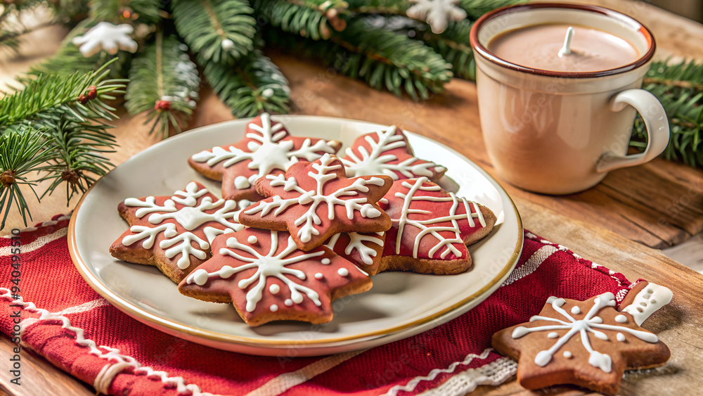 Gingerbread cookies decorated with icing, set on a rustic plate with a cup of hot chocolate Gingerbread cookies decorated with icing, set on a rustic plate with a cup of hot chocolate