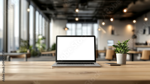 modern workspace with a laptop featuring a blank screen on a bright table, symbolizing creativity and opportunity. Ideal for showcasing digital solutions or tech innovation