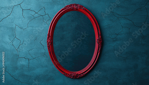 A vintage red oval mirror hangs against a textured blue wall, adding elegance and charm to any decor. photo