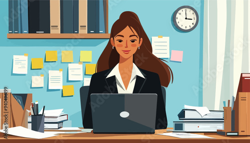 Busy Professional Woman Working on Laptop in Office