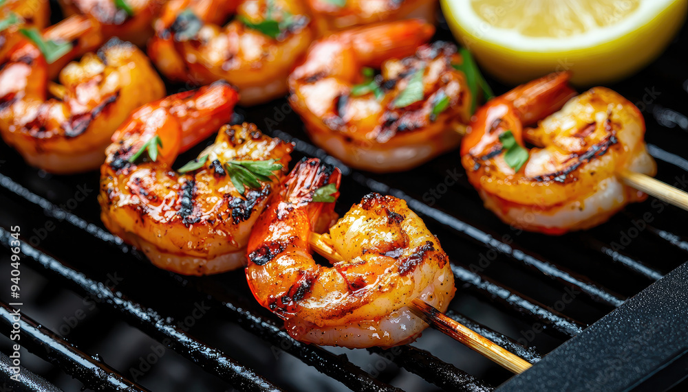 Delicious grilled shrimp skewers garnished with herbs and lemon, perfect for summer barbecues and seafood lovers. Delicious grilled shrimp skewers garnished with herbs and lemon, perfect for summer barbecues and seafood lovers.