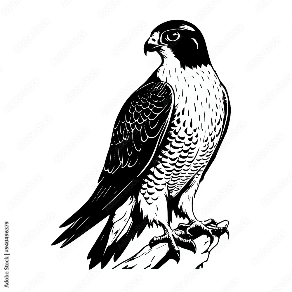 Fototapeta premium Peregrine falcon silhouette line art outline on white background