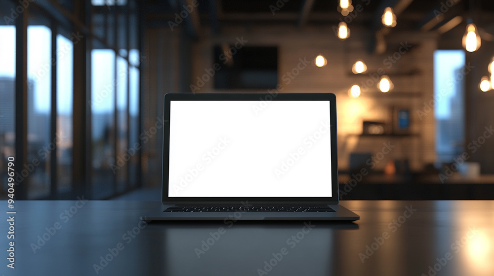 modern workspace with a laptop featuring a blank screen on a bright table, symbolizing creativity and opportunity. Ideal for showcasing digital solutions or tech innovation modern workspace with a laptop featuring a blank screen on a bright table, symbolizing creativity and opportunity. Ideal for showcasing digital solutions or tech innovation