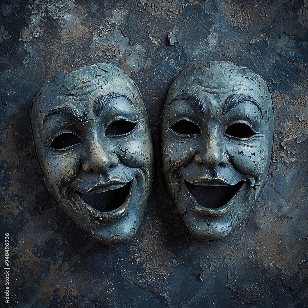A high-resolution, realistic photograph of two theater comedy masks placed on a textured surface. The lighting is soft, highlighting the masks' contours and creating a sense of depth. The image has