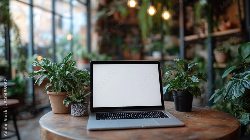 modern workspace with a laptop featuring a blank screen on a bright table, symbolizing creativity and opportunity. Ideal for showcasing digital solutions or tech innovation modern workspace with a laptop featuring a blank screen on a bright table, symbolizing creativity and opportunity. Ideal for showcasing digital solutions or tech innovation