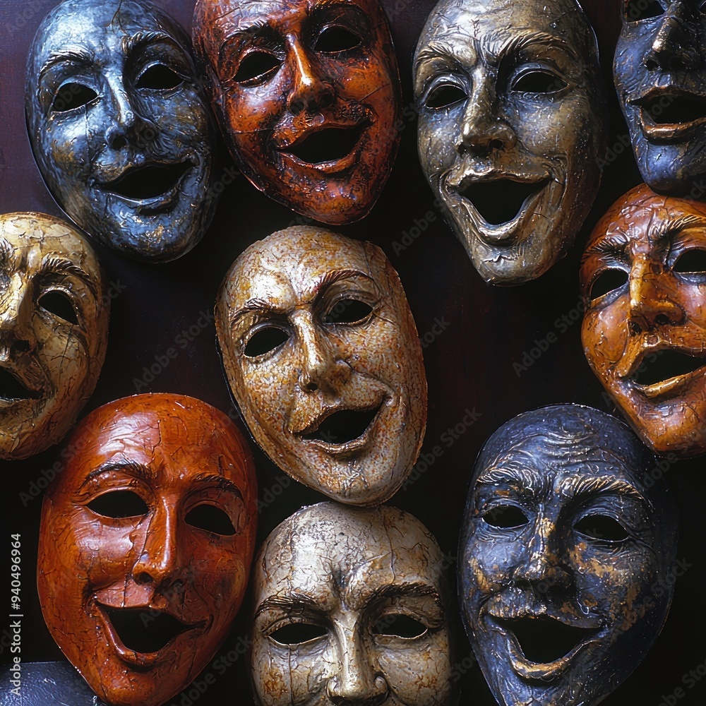 A realistic, high-resolution photograph of theater comedy masks arranged artistically against a simple background. The masks are illuminated with soft lighting that accentuates their detailed A realistic, high-resolution photograph of theater comedy masks arranged artistically against a simple background. The masks are illuminated with soft lighting that accentuates their detailed