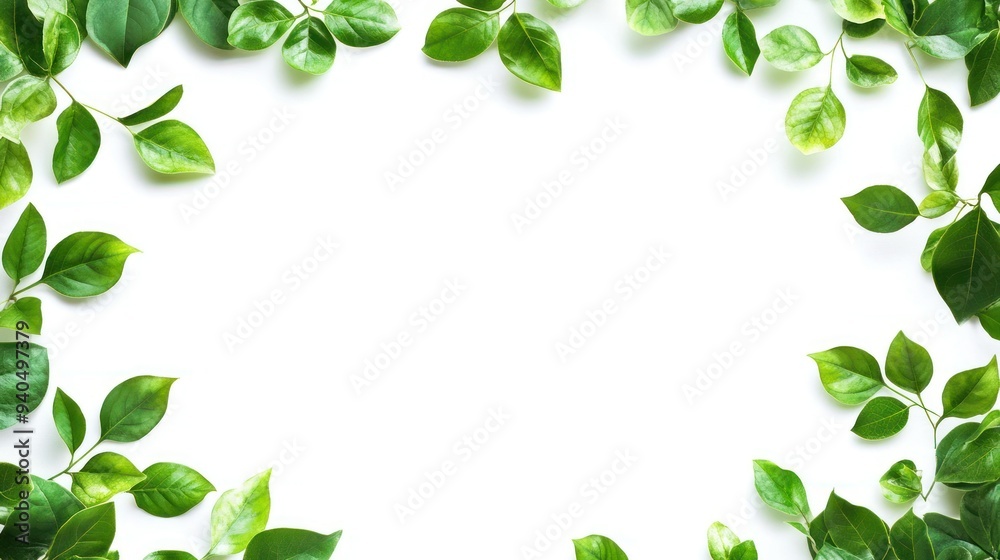 Green Leaves Arranged in a Frame Around a White Background Green Leaves Arranged in a Frame Around a White Background