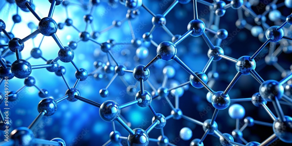 Blue Atom Structure, Metallic Bonds, Close-Up, Molecular, Chemistry Blue Atom Structure, Metallic Bonds, Close-Up, Molecular, Chemistry
