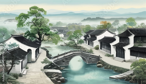 Chinese-style village with traditional architecture and a river flowing through