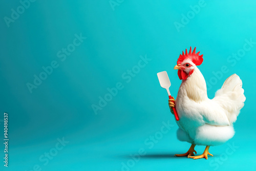 A whimsical chicken chef holding a spatula, ready to cook against a vibrant turquoise background, adding humor to any kitchen setting. photo