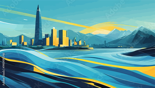 Cityscape with Modern Skyscrapers and Mountains in the Background