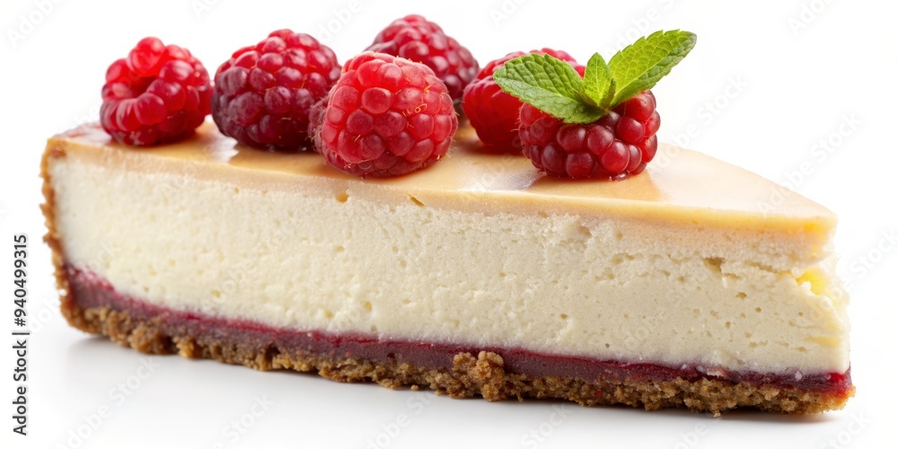 Cheesecake Slice with Fresh Raspberries and Mint, Dessert, Cheesecake, Raspberry