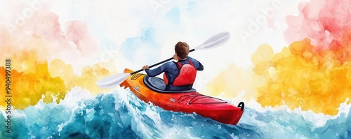 A vibrant watercolor of a kayaker in rough waters, with white splashes capturing intensity, watercolor, kayaking, sports