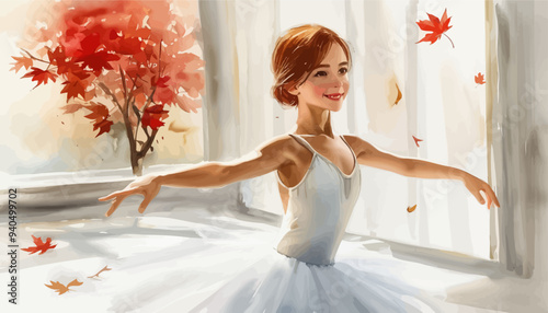 Dancing in Autumn: A Poised Ballet Dancer in a White Leotard