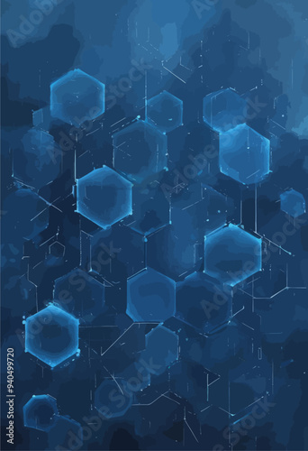 Digital Hexagonal Grid with Blue Tones and Abstract Lines