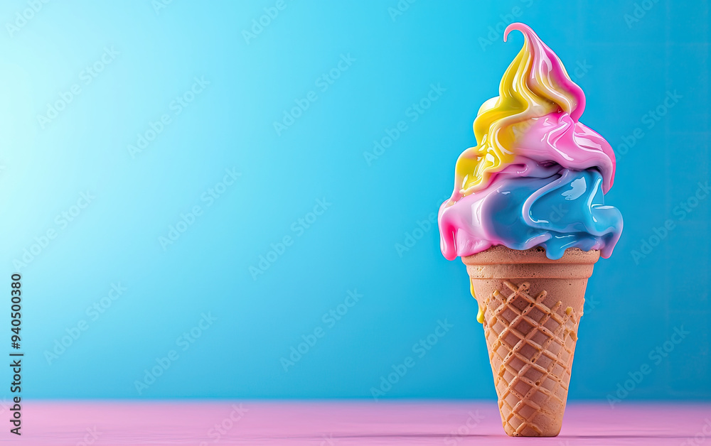 Colorful ice cream cone featuring vibrant swirls of pink, blue, and yellow against a pastel background. Colorful ice cream cone featuring vibrant swirls of pink, blue, and yellow against a pastel background.