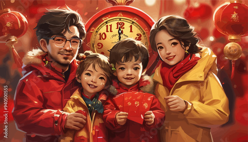 Family of Four Celebrating Chinese New Year
