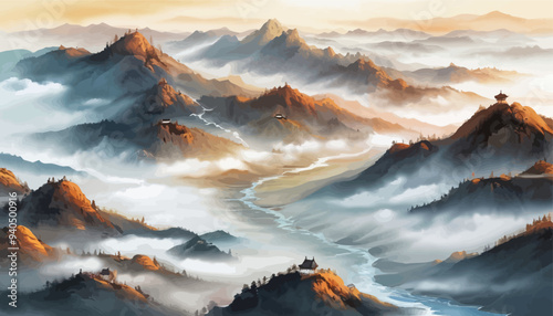 Fantastical Mountainous Landscape with River and Village