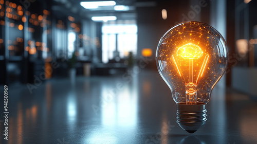 glowing light bulb symbolizes a bright idea, innovation, or business growth, set against a blurred background. It conveys creativity, inspiration, and forward-thinking concepts