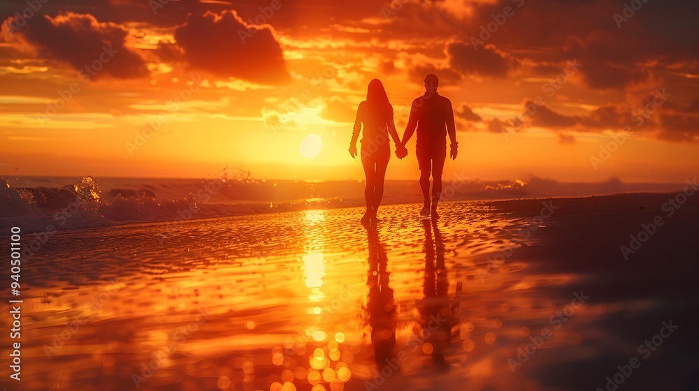 Romantic scene of two people holding hands walking along the beach at sunset Romantic scene of two people holding hands walking along the beach at sunset
