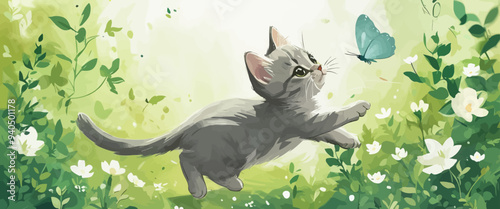 Feline Antics: A Gray Cat's Chase After a Blue Butterfly