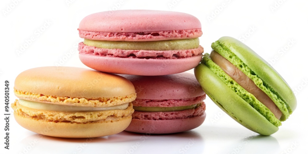 Fototapeta premium Colorful Macarons on White Background - 4 Pieces, Close Up, Delicious, Dessert, French Pastry, Macarons, Sweets