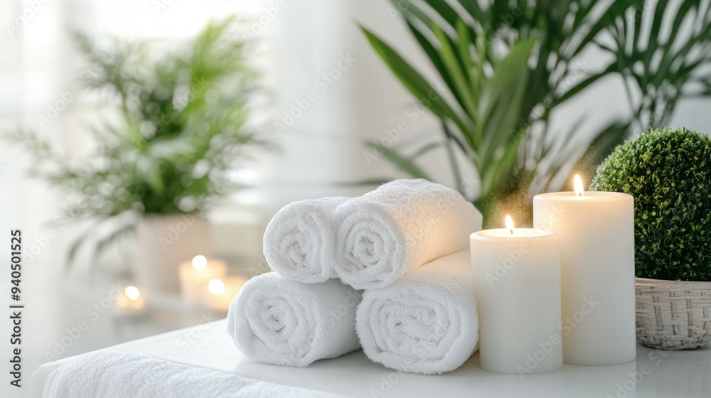 White Towels, Candles, and Greenery on a White Table White Towels, Candles, and Greenery on a White Table