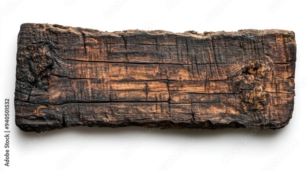 Weathered, Burned Wooden Plank Isolated on White Background