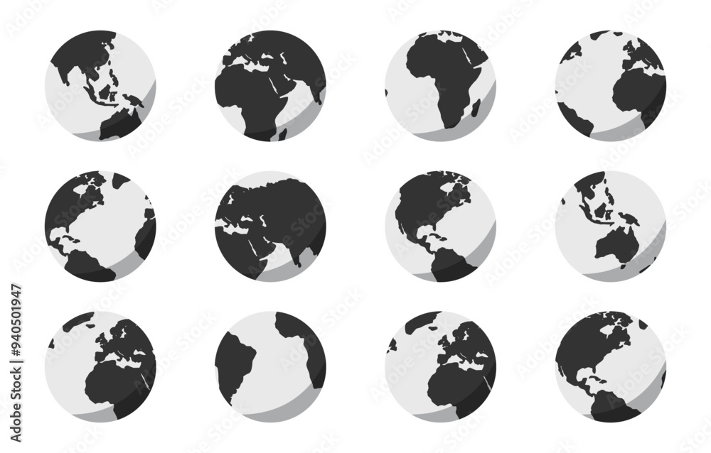 Earth globe icons isolated on white background. earth hemispheres with continents. World map set. Set of round globes. Flat Earth Planet icon. Vector illustration Earth globe icons isolated on white background. earth hemispheres with continents. World map set. Set of round globes. Flat Earth Planet icon. Vector illustration