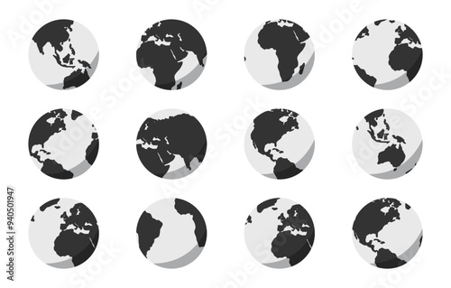 Earth globe icons isolated on white background. earth hemispheres with continents. World map set. Set of round globes. Flat Earth Planet icon. Vector illustration