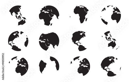 Earth continents silhouette. Earth globe icons isolated on white background. earth hemispheres with continents. World map set. Set of round globes. Flat Earth Planet icon. Vector illustration